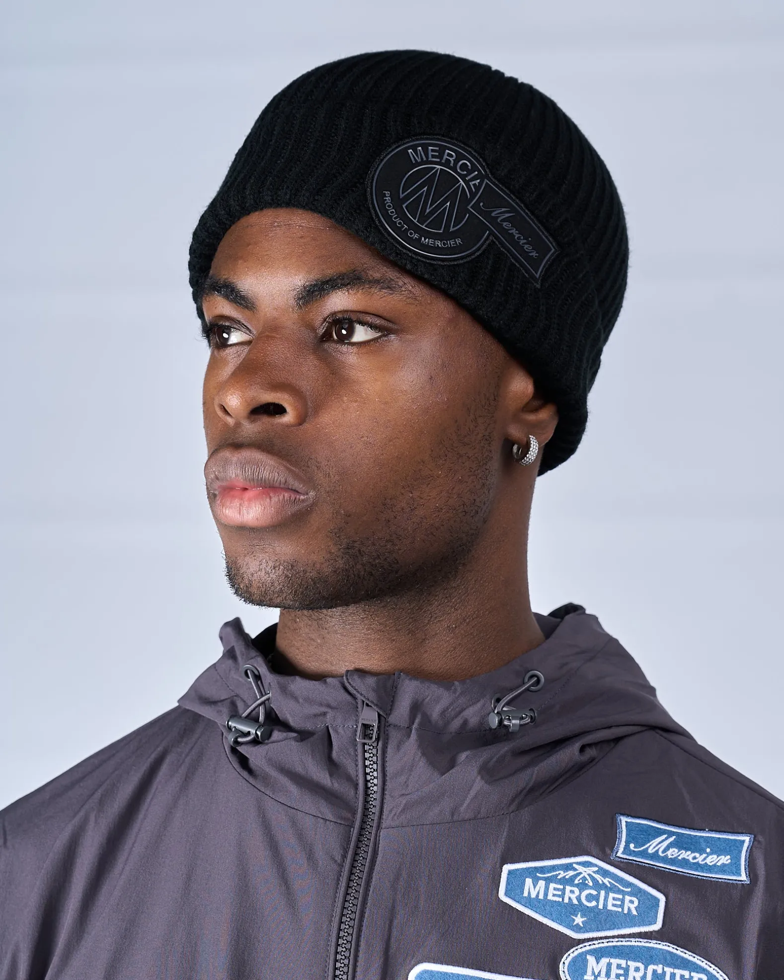 Black Tonal Badge Ribbed Beanie