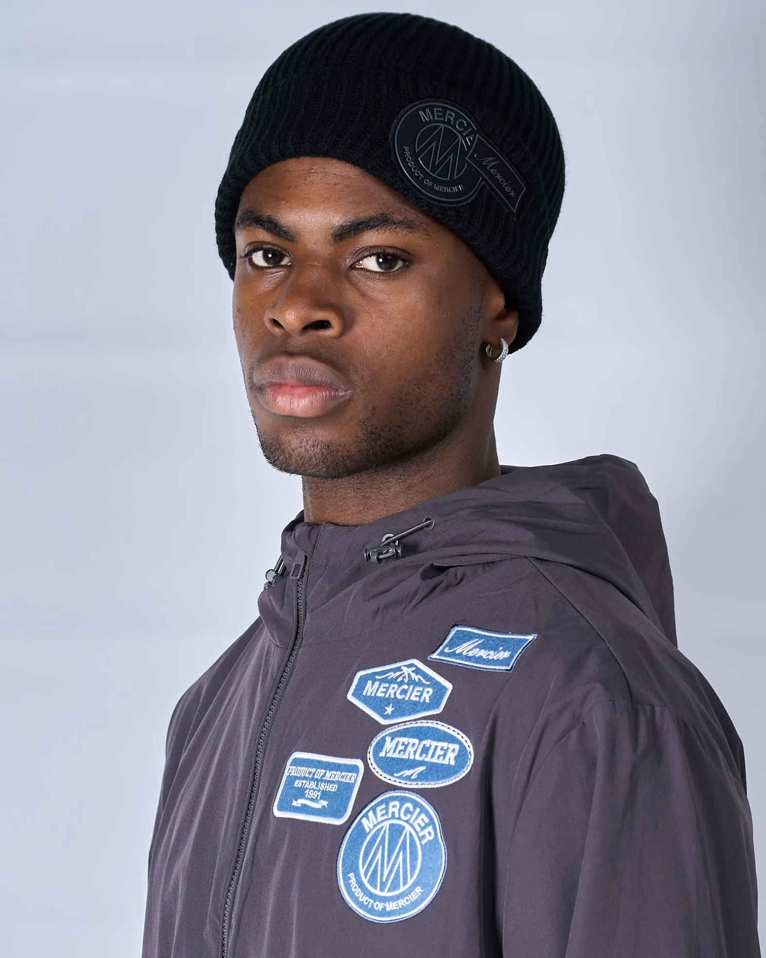 Black Tonal Badge Ribbed Beanie