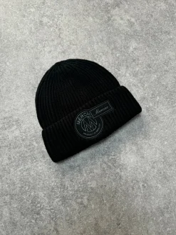 Black Tonal Badge Ribbed Beanie