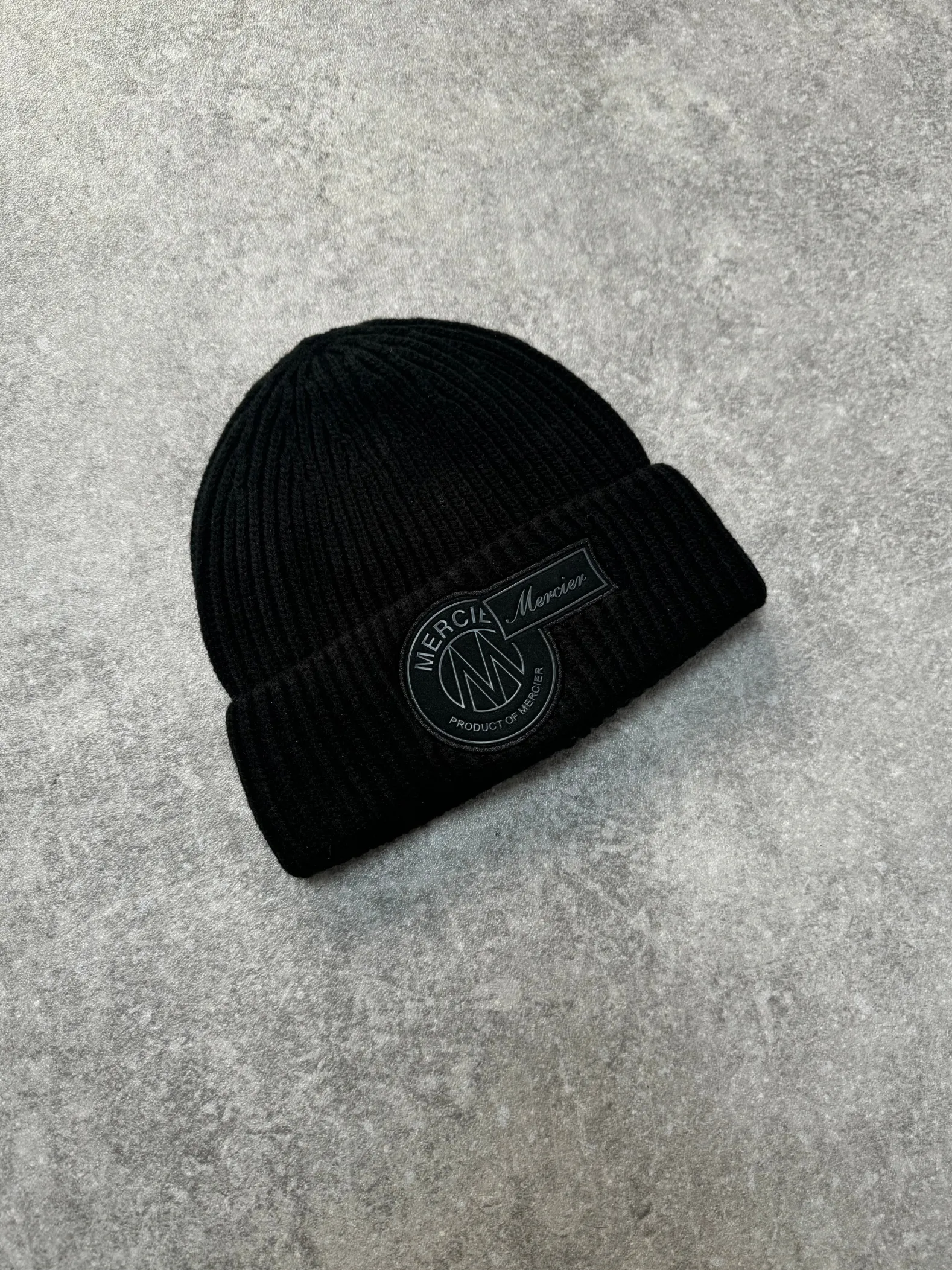 Black Tonal Badge Ribbed Beanie
