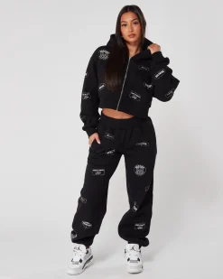 Womens Black Diamante Badge Joggers