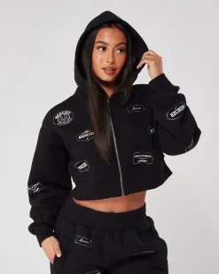 Womens Black Diamante Badge Zip Hood