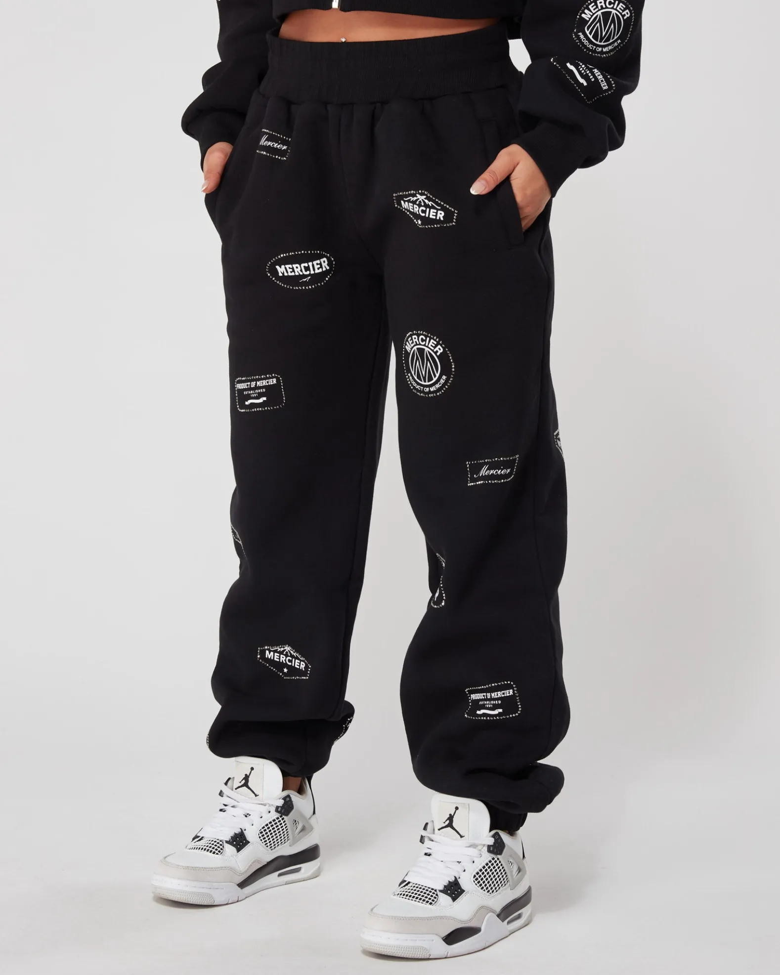 Womens Black Diamante Badge Joggers