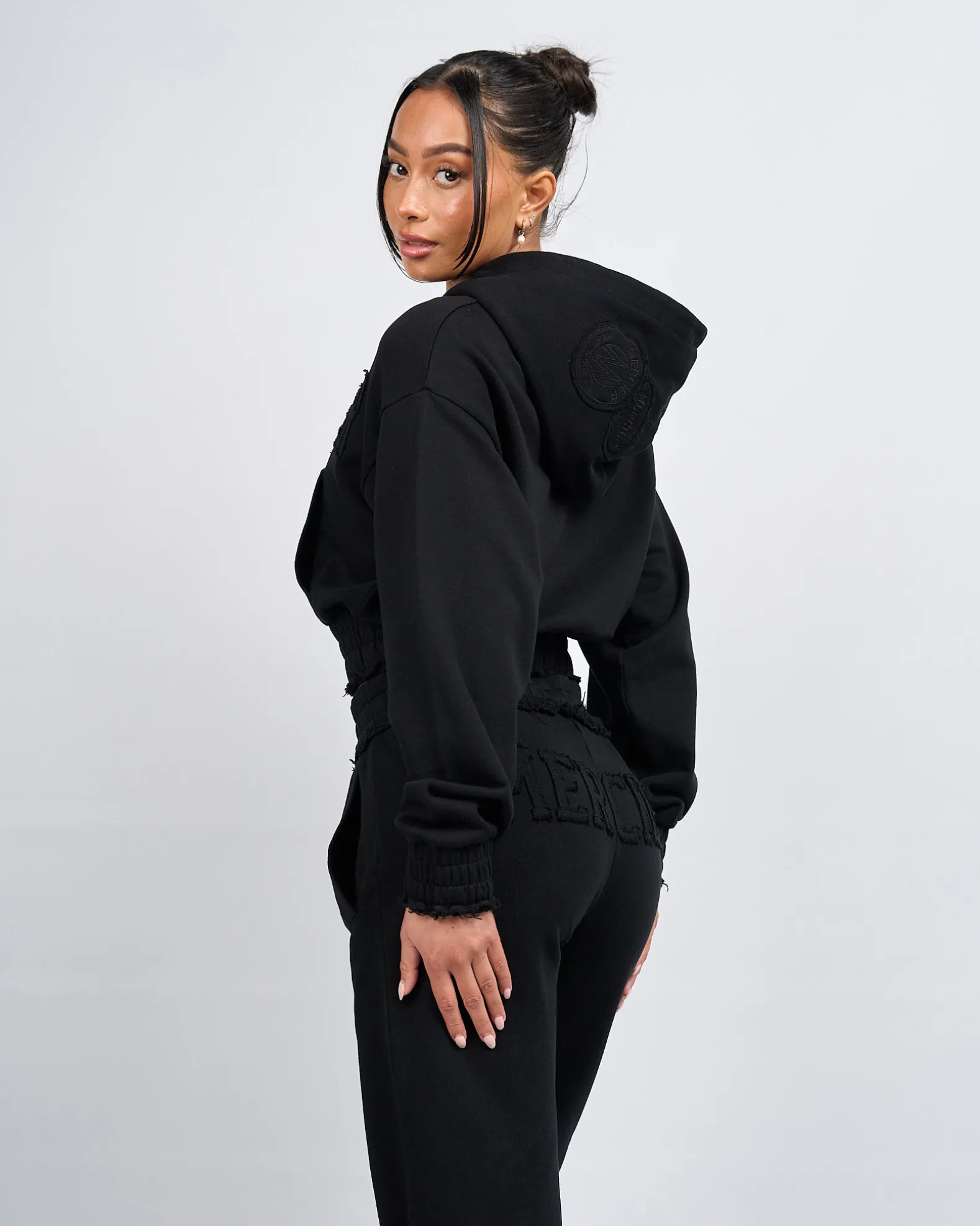 Womens Black Distressed Cropped Hoodie