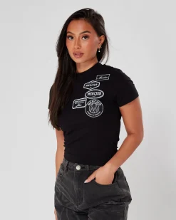 Womens Black Mono Badge Fitted Tshirt
