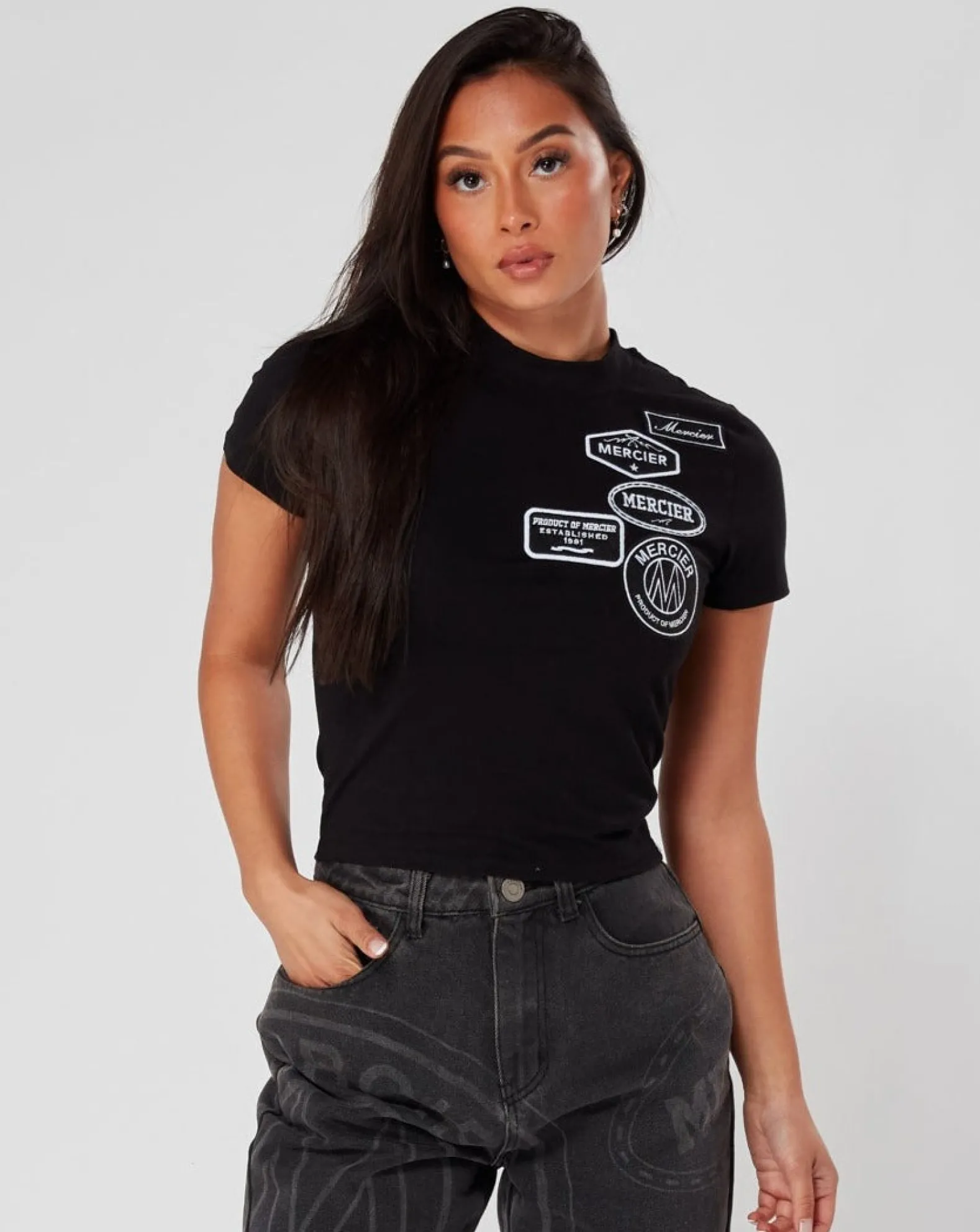 Womens Black Mono Badge Fitted Tshirt