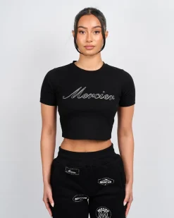 Womens Black Script Diamante Baby Tshirt