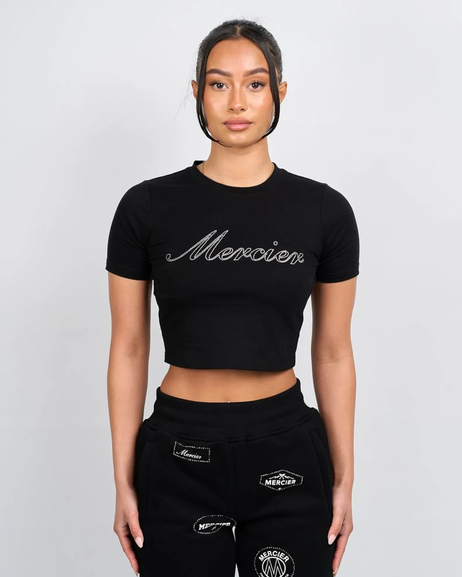 Womens Black Script Diamante Baby Tshirt