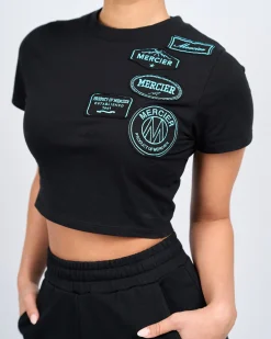 Womens Black Tiffany Badge Raw Edge Baby Tshirt