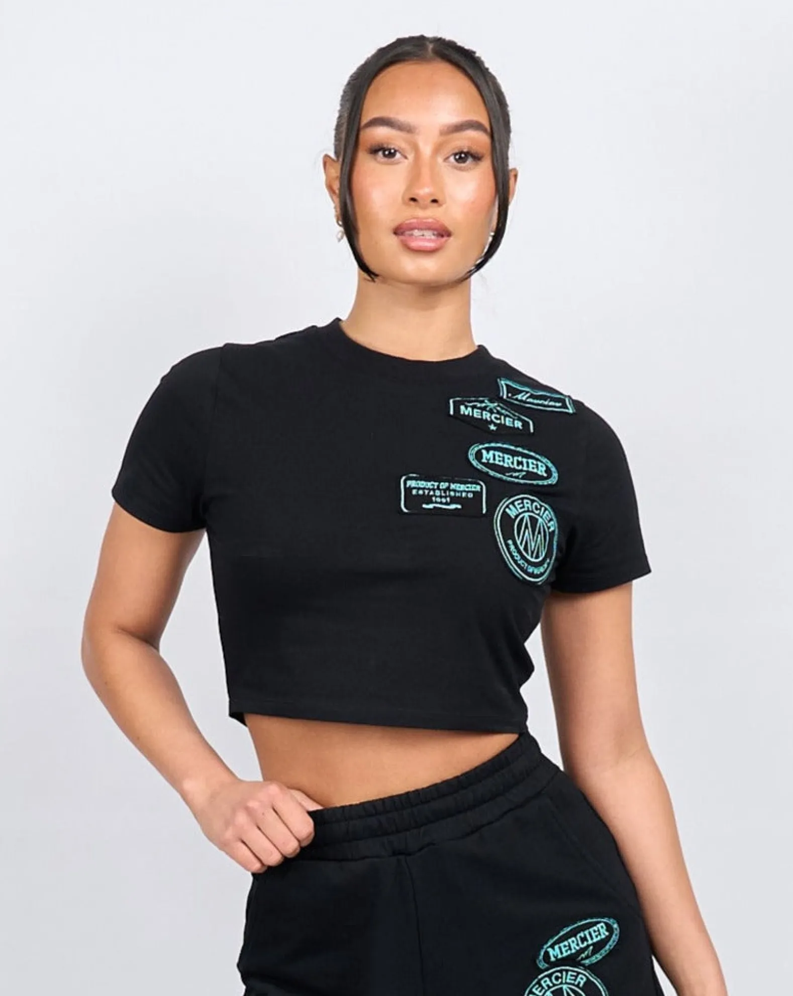 Womens Black Tiffany Badge Raw Edge Baby Tshirt