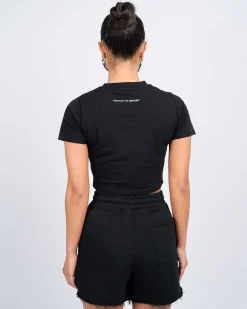 Womens Black Tiffany Badge Raw Edge Baby Tshirt