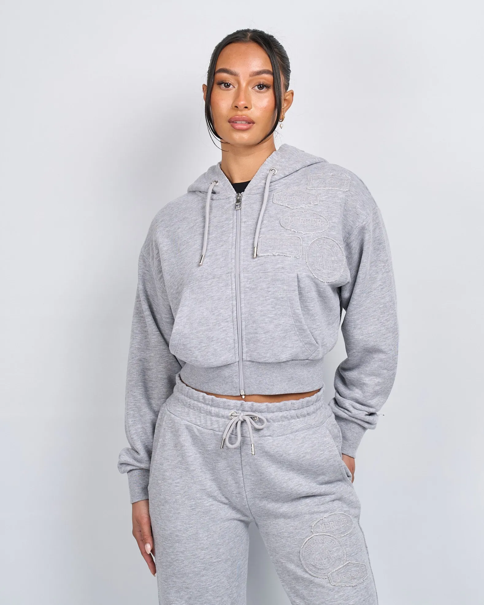 Womens Grey Marl OG Badge Raw Cropped Hoodie