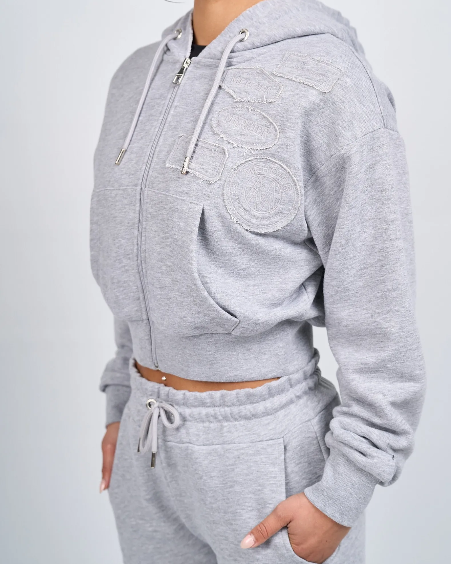Womens Grey Marl OG Badge Raw Cropped Hoodie
