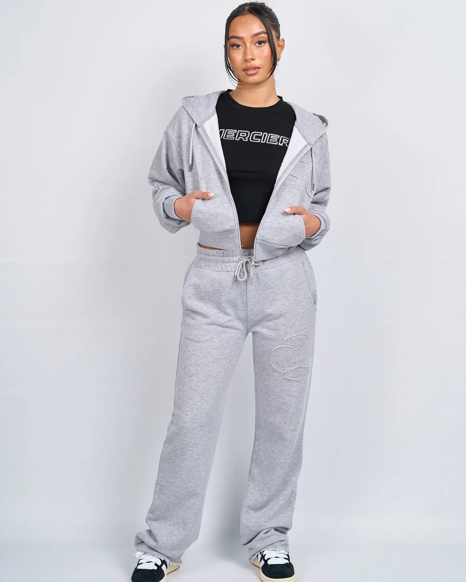 Womens Grey Marl OG Badge Raw Cropped Hoodie
