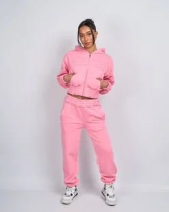 Womens Pink Distressed Cropped Hoodie